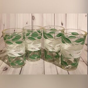 Vintage 60’s Federal Glass Juice Glasses MCM Green White Leaf Leaves Gold Rims